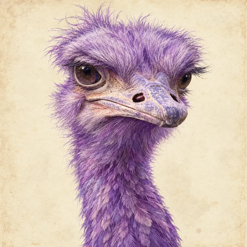 Purple ostrich illustration with large brown eyes, wispy lavender feathers, and a long neck against a textured parchment background.